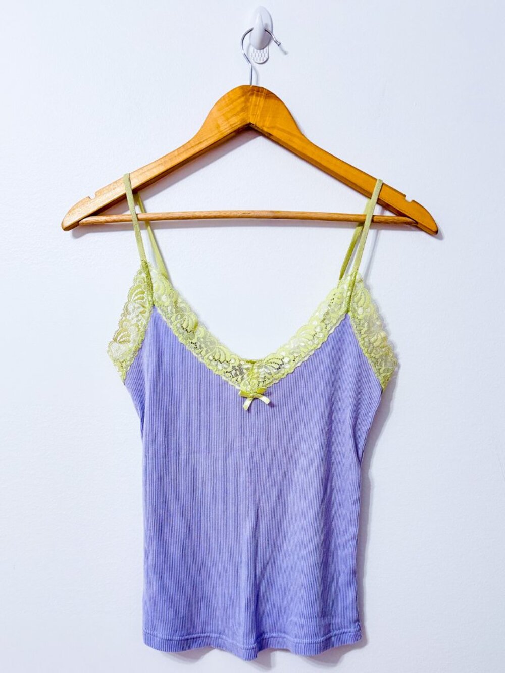 Lilac Green Ribbed Lace Trim Cami Tank Top Contrast Y2K Coquette Small